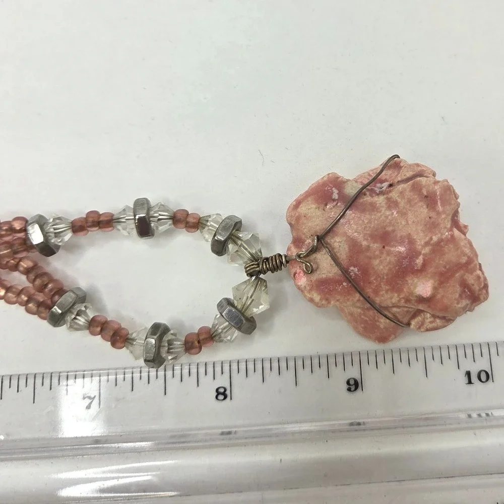 Pink Rose Pendant‎ Necklace Two Strand Seed Bead Crystal Accent Toggle Clasp